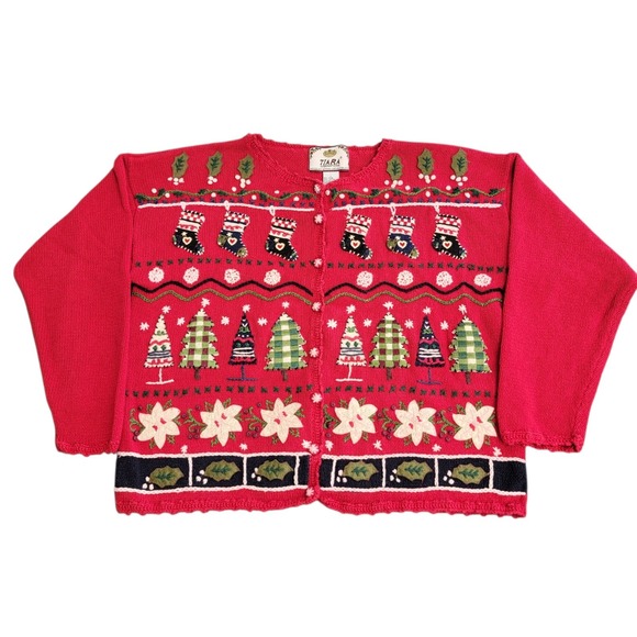 Sweaters - Vtg Tiara International 90s Christmas Cardigan Large Red Stocking Tree Button Up